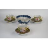 Three Chinese 20th Century, yellow ground enamel cups and saucers, red mark together with a