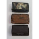 A 19th Century lacquered snuff box, together with burr walnut snuff box and Bakelite one similar, (