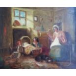 C19th Domestic Scene with Child in cradle and Dog in a scullery, Oil on Canvas, 28 x 24cm (excl.