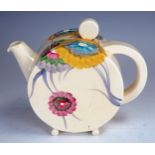 A Clarice Cliff Bizarre Pattern Pink Pearls circular teapot, 13.5cm. Slight scratches to decoration.