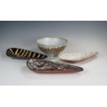 Three Studio Pottery dishes of triangular form, incised mark W V, 28.5cm long, (3).