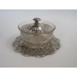 Victorian Pierced Silver Top Butter Dish and Stand, Sheffield 1855, T.B. & S.M. 259g. Glass bowl