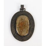 Large Arts and Crafts Stone Mounted White Metal Pendant, engraved Gusio Depose and with inscription,