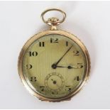 9ct Gold Cased Open Dial Pocket Watch, 47mm case with 15 jewel movement, 17.42g gold nett. Needs