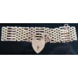 9ct Gold Gate Link Bracelet with safety chain, 19.5mm wide, clasp stamped 9ct LW&G (Lawson Ward &