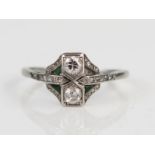 Art Deco Platinum, Emerald and Diamond Ring, size M, 2.8g, diamonds c. 3mm, boxed. One emerald
