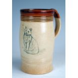 A Doulton Lambeth Hannah Barlow stoneware mug of diminutive size, incised with a seated cat,