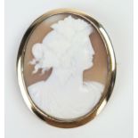 9ct Gold Shell Cameo Brooch decorated with a classical female bust, 47x38mm, 12.4g