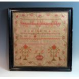 A mid 19th Century Alphabet sampler, S. G initialled, 33.7x33.2cm.