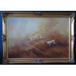 C20th Oil on Canvas of a Hunting Scene depicting Dogs and Fowl, 90 x 59 (excl. frame)