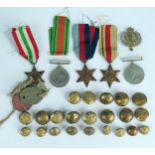 WWII Five Medal Group, Royal Engineers cap badge, dog tags