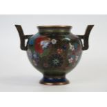 A Meiji Period, Japanese cloisonnÃ© cauldron, panels decorated with interlocking Mon, gilded rims,