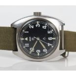 MWC British Military Wristwatch, the 35.5mm case back no. 6BB-6645-99 523-8290, military crows