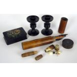Treen, a pair of turned hardwood candles sticks, a boxwood pencil case together with a lacquered