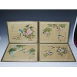 Four 20th Century Chinese paintings on silk, of birds on summer flowering shrubs, signed, 25x34.5cm.