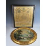 C19th Reverse Painting on glass, Landscape scene A/F, 44 x 36cm, F & G and a Framed Silk Map of