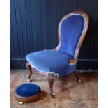 Victorian Carved Walnut Spoon Back Upholstered Chair, kick stool and balloon back chair