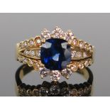 Modern 18K Gold, Sapphire and Diamond Dress Ring, size N, 5.3g, central stone c. 7.5x7mm
