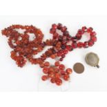 Amber and Faux Amber Necklaces, loose agate beads, 1942 trench art half crown coin lighter and