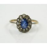 Blue Spinel and White Stone Cluster Ring, unclear stamped marks 9 or 18ct, 11x10mm head, size O, 1.