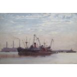 Norman Wilkinson (1878 - 1971) British Marine Painter, 'Cargo Ship Unloading', Watercolour with