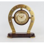 BAYARD Lucky Horseshoe Clock in a gilt brass and burr wood case, 8 day movement, 17.5cm high.