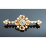 15ct Gold, Aqua Marine and Pearl Bar Brooch, central millegrain set stone 5mm, 40mm wide overall,