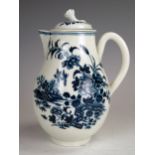 A Worcester Porcelain sparrow beak, Blue and White hot milk jug, lid with flower finial, First