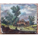 C18th Oil on Panel, Village Scene, 21 x 17cm (excl. frame) A/F