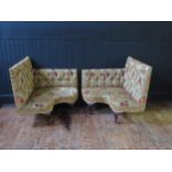 A pair of unusual button back Edwardian corner seats, short carved cabriole legs, 84x79x84cm.