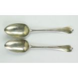 A pair of George II silver table spoons, Old English Pattern, London 1743, marks rubbed, 130grams.