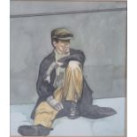 Study of a labourer seated on a pavement with cigarette, watercolour, signed 'BROOK' upper right