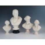 Four late 19th Century Parian Ware busts, the two smallest by J & T Bevington, one of Dryden and the