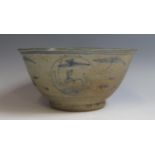 A Chinese blue and white porcelain bowl, probably Ming Dynasty, made for the domestic market, traces