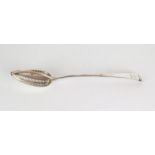 A George III silver gravy straining spoon, Old English Pattern, engraved sun crest London 1796,