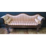 A William IV mahogany frame settee/ sofa, shaped camel back, with carved and scrolled arms, raised