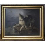 After Miguel Pacheco - A C19th Oil on Canvas initialled VE, 'The Flood' (1856), a dog chained to the