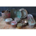 A set of four Leon Jaeggi and Son, cooking pans and lids, copper and brass, together with a square