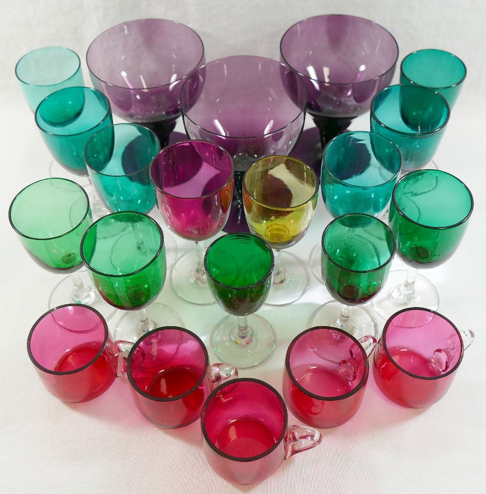 A collection of 16 Victorian and later coloured glass drinking glasses including green, purple, - Image 2 of 2