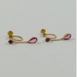 A pair of early 20th century yellow metal drop earrings set with pink paste, stamped '9CT',