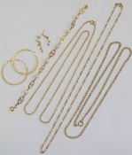 A quantity of 9 carat gold and yellow metal items comprised of three chains,