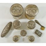 A collection of silver mounted dressing table items all with embossed Reynolds angels design