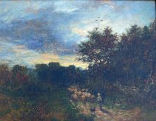 19th century British, a shepherd and his dog driving sheep at sunset, oil on canvas, unsigned,