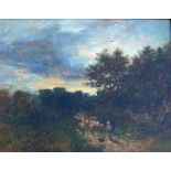 19th century British, a shepherd and his dog driving sheep at sunset, oil on canvas, unsigned,