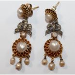 A pair of 19th century gold diamond and half pearl drop earrings,