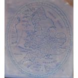 An early 19th century oval embroidered map on card of England and Wales, cut out and re-mounted,