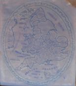 An early 19th century oval embroidered map on card of England and Wales, cut out and re-mounted,