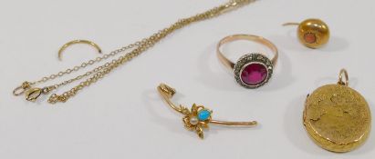 A gold locket, a paste and synthetic ruby set cluster ring with gold shank,