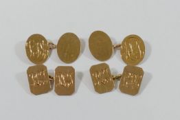 A pair of 9 carat gold rectangular cuff links, Birmingham 1929, and an oval pair by the same maker,