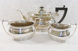 A collection of silver plate comprised of a three piece teaset, a conserve jar,